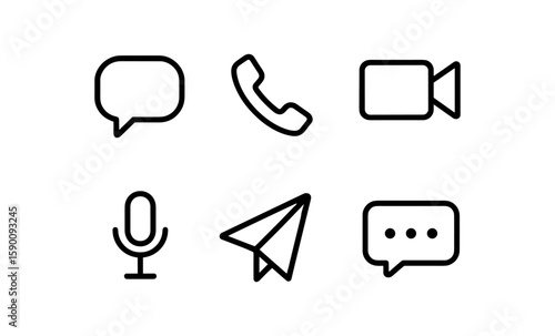 Minimalist communication icons set with speech, call, video, microphone, paper plane