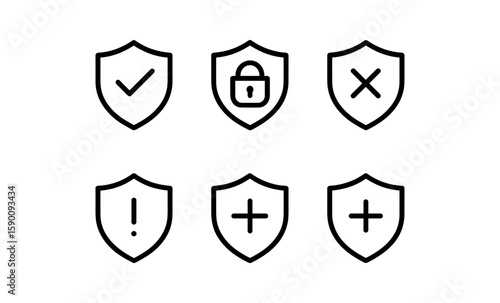 Simple linear icons of shields with security and notification symbols
