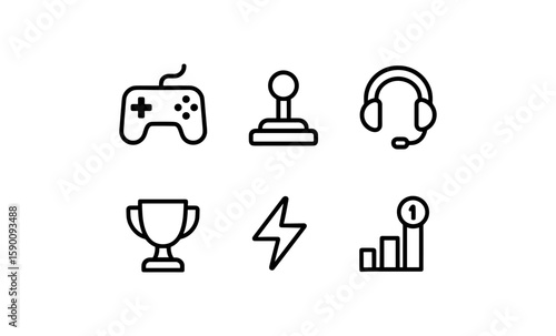 Minimalist gaming icons set: controller, joystick, headset, trophy, energy, leaderboard