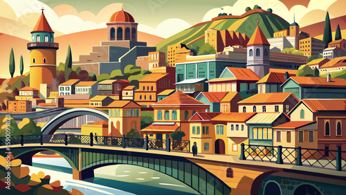 Tbilisi, Georgia – Old town balconies and modern bridges cross the Mtkvari River. Warm hues and mixed architecture make for an artistic and culturally layered vector backdrop.