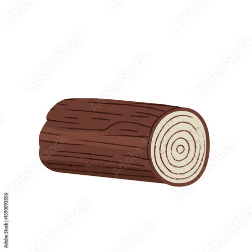 Wooden log, cut tree trunk, cross section. Wooden forest piece with rings, rough bark. Natural wood, lumber, forestry, material for woodworking. Flat vector illustration, isolated on white background.