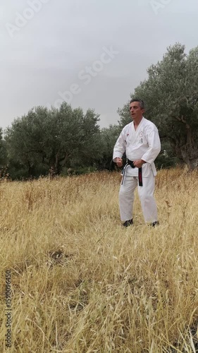 master practicing martial art outdoor in karate unifrom (white kimono), showing kata, view from the top, healthy lifestyle 