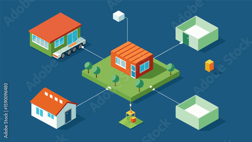 An aerial view of a modular home being built highlighting the stepbystep process of each module being p and connected to create a complete home.. Vector illustration