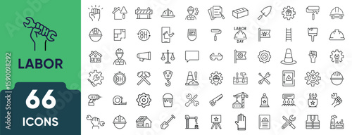 Labor Line Icon Set. Set of 66 outline icons including worker, tools, construction, hard hat, manual work, safety, and industry. Editable stroke. Linear vector illustration.
