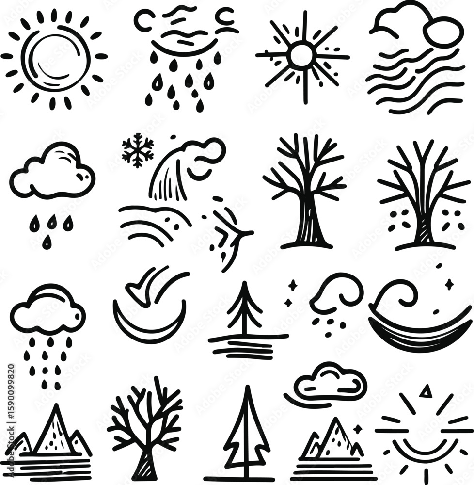Fototapeta premium 17 black and white line icons related to fitness and gym activities, including dumbbell, yoga mat, running shoe, kettlebell, stopwatch, water bottle, and heart rate. Use an abstract, hand-drawn.eps