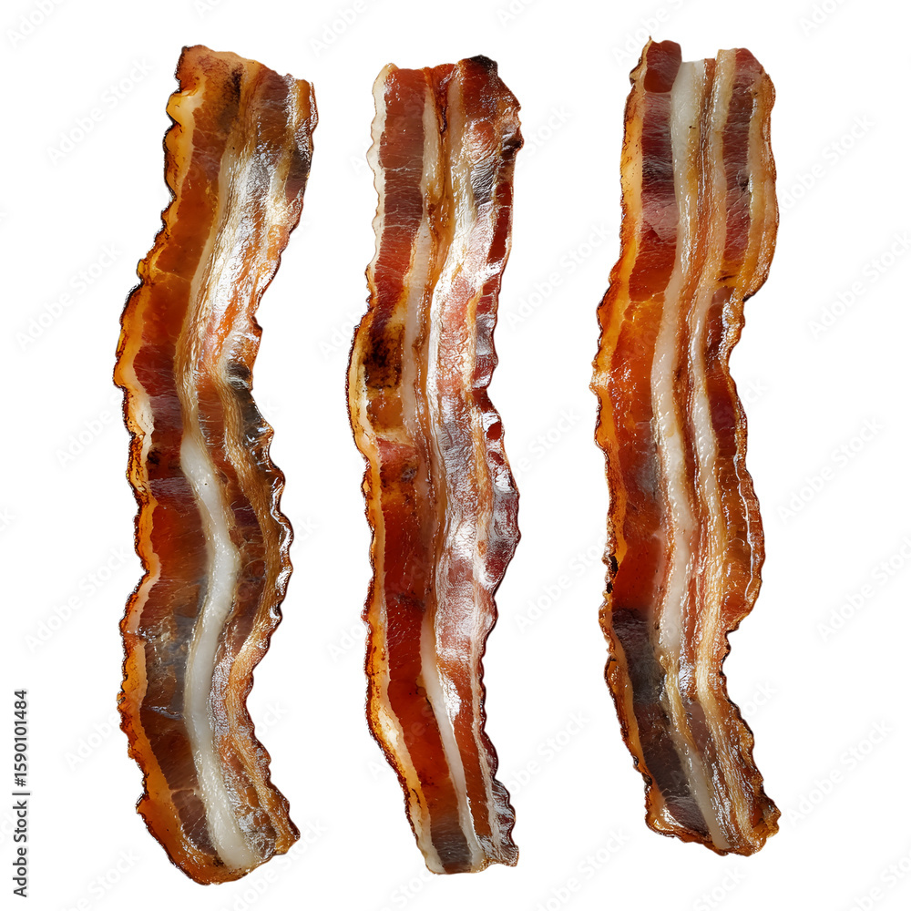 Fototapeta premium Three strips of cooked bacon arranged vertically, showcasing their texture and color isolated on transparent background