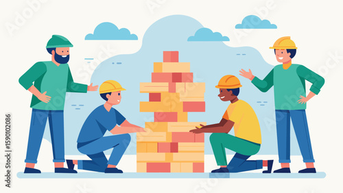 A team of workers playing a game of Jenga simulating the precision and coordination needed for working together on a construction site.. Vector illustration