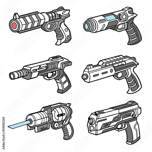 Futuristic handguns with gray white and blue accents