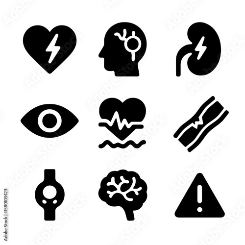 Hypertension Complications Icons. Solid style icons of complications from high blood pressure: heart attack, stroke, kidney damage