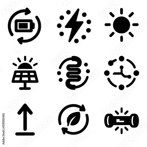 Energy-Themed Loader Icons. Solid style icons of energy-themed loaders: battery charge loop, lightning bolt loader, energy circle,