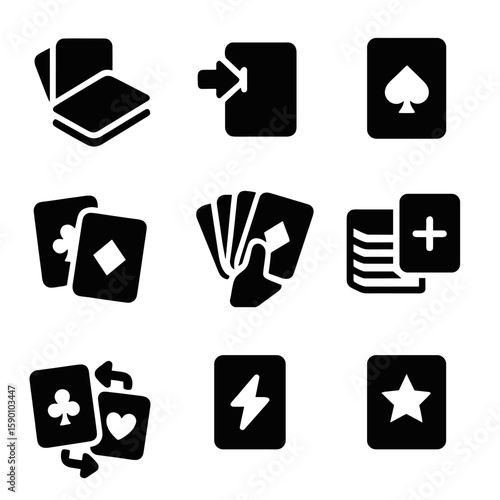 Board Game Icons. Solid style icons of card-based board games: draw pile, discard pile, reveal card, combo play, turn hand, deck