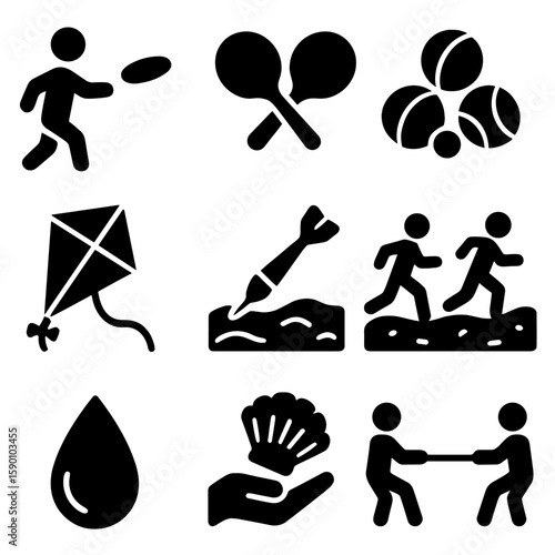 Beach Games Icons. Solid style icons of beach games: beach frisbee, paddle game, bocce set, kite, beach darts, sand race, water