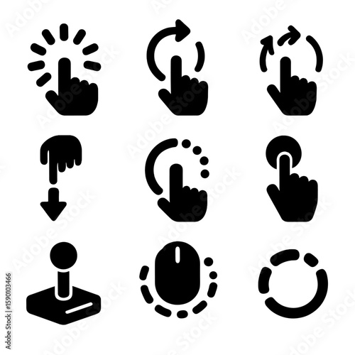 Interactive Loader Icons. Solid style icons of interactive loaders: touch spinner, tap reload, gesture swipe loading, drag to