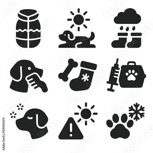 Seasonal Pet Care Icons. Solid style icons of seasonal pet care: winter coat, summer cooling mat, rainy day boots, spring grooming