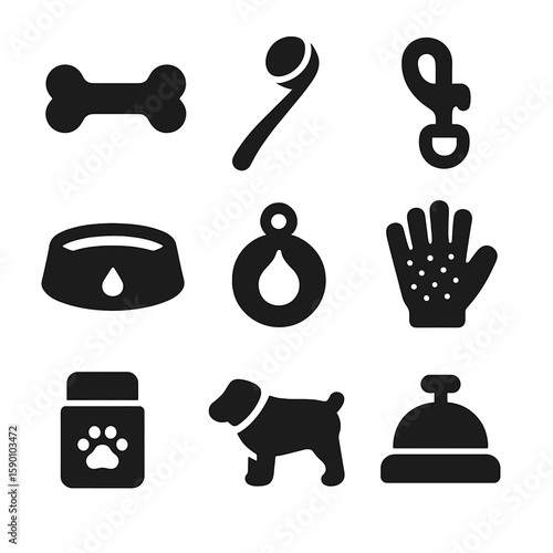 Dog Care Icons. Solid style icons of dog care: chew toy, ball thrower, leash clip, water bowl, collar tag, brushing glove, paw