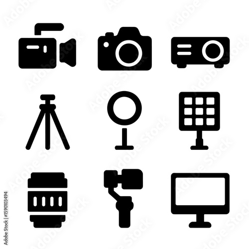 Visual Equipment Icons. Solid style icons of visual equipment: video camera, DSLR camera, projector, tripod stand, ring light,