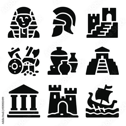 Historical Treasure Icons. Solid style icons of historical treasure themes: ancient Egypt, Roman empire, lost city, Viking hoard,
