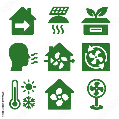 Eco Ventilation Icons. Solid style icons of ventilation in green buildings: passive ventilation icon, solar-powered vent,