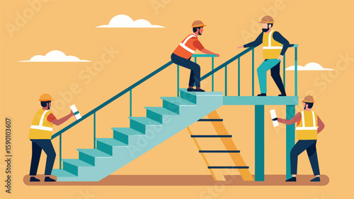A team of construction workers carefully maneuvering a prefabricated staircase into place complete with handrails and balusters.. Vector illustration