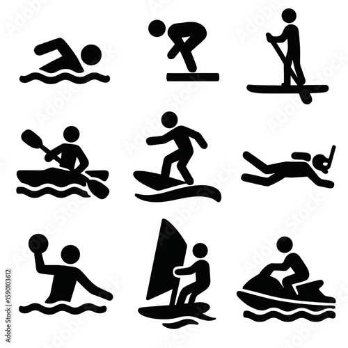 Water Sports Silhouettes. Solid style icons of water sports silhouette: swimming stroke, diving figure, paddleboard stance,