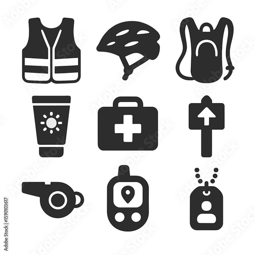 Outdoor Fitness Safety Icons. Solid style icons of safety in outdoor fitness silhouette: reflective vest, helmet icon, hydration