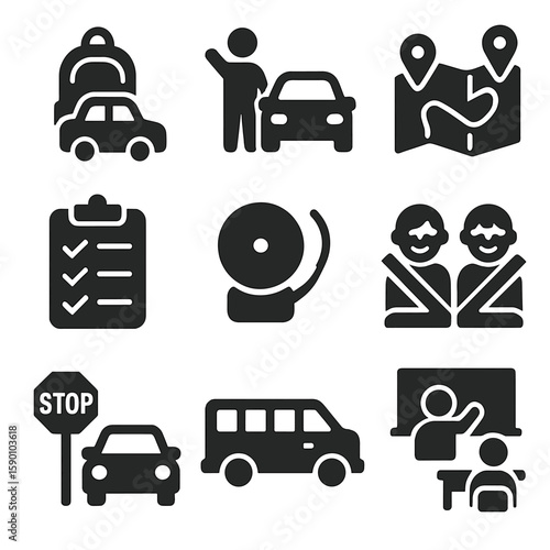 School Carpool Icons. Solid style icons of school carpooling: backpack with car, parent pickup icon, school route map, carpool