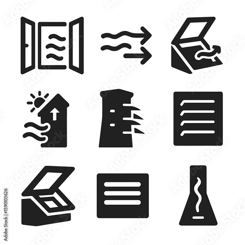 Natural Ventilation Icons. Solid style icons of natural ventilation: open window icon, cross breeze symbol, skylight vent, solar