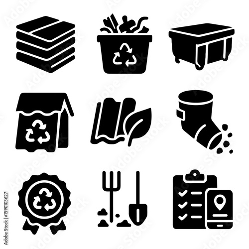 Roofing Waste Icons. Solid style icons of roofing waste and recycling: old shingle stack, metal scrap bin, roll-off dumpster,