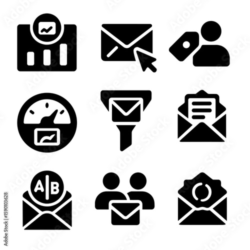 Email Segmentation Icons. Solid style icons of email segmentation: open rate chart, click segment, subscriber tag, engagement