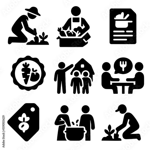 CSA Member Icons. Solid style icons of CSA member participation: volunteer field icon, packing help, recipe card icon, harvest day