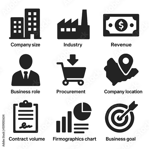 B2B Segmentation Icons. Solid style icons of B2B segmentation: company size, industry type icon, revenue bracket, business role