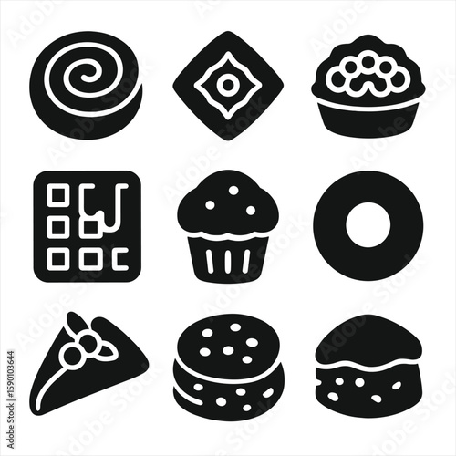 Sweet Breakfast Icons. Solid style icons of sweet breakfast foods: cinnamon roll, Danish pastry, fruit tart, waffle with syrup,