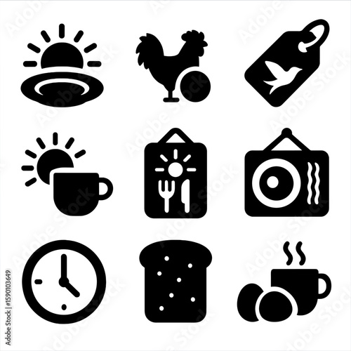 Breakfast Icon Set. Solid style icons of breakfast-themed icons for menus: sun over plate, rooster with plate, early bird special