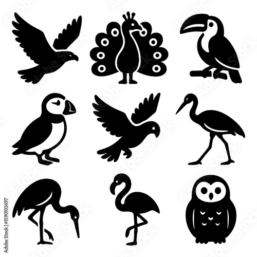 Iconic Bird Symbols. Solid style icons of iconic birds worldwide: eagle soar, peacock display, toucan perch, puffin icon, parrot