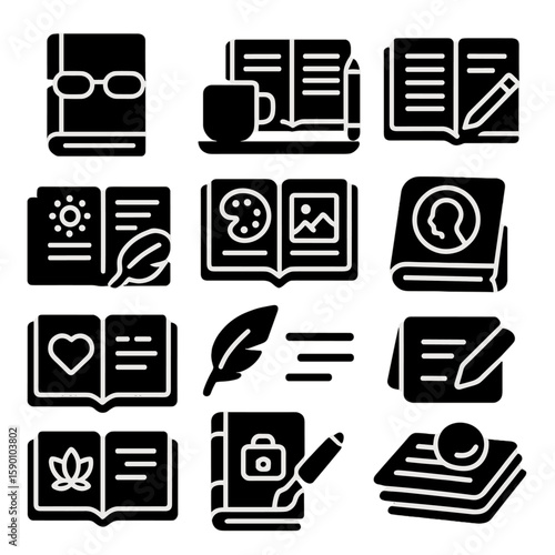 Journaling Icons Collection. Solid style icons of journaling: notebook and glasses, journal table setup, note-taking icon, morning