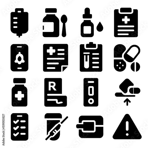 Medical Icon Set. Solid style icons of medicine: IV fluid bottle, pediatric medicine spoon, oral drops bottle, medical records