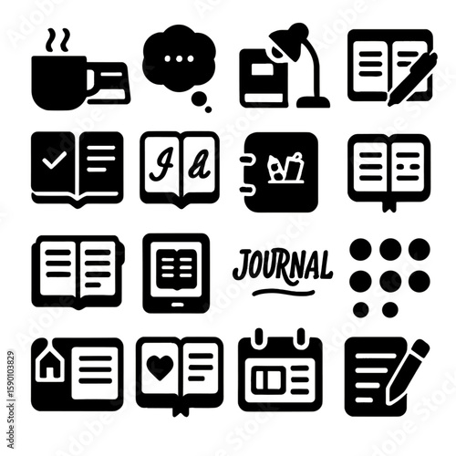 Journaling Icons Collection. Solid style icons of journaling: coffee and journal setup, reflection bubble icon, journal under lamp