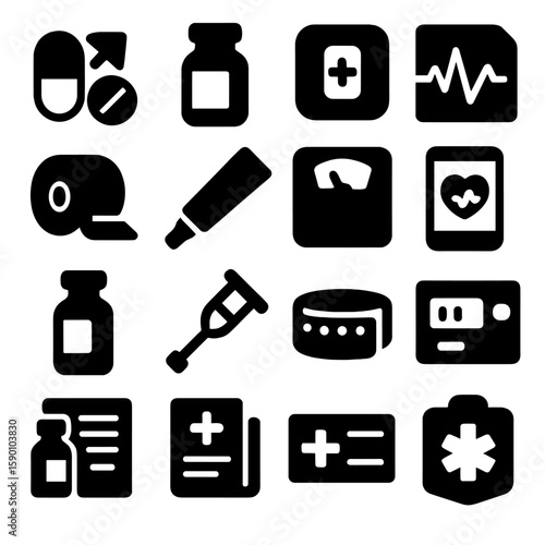 Medical Icons Collection. Solid style icons of medicine: drug interaction icon, antibiotics bottle, pain relief patch, ECG