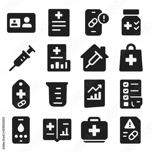 Medicine Icon Set. Solid style icons of medicine: pharmacy access card, medical intake form, refill notification icon, supplement