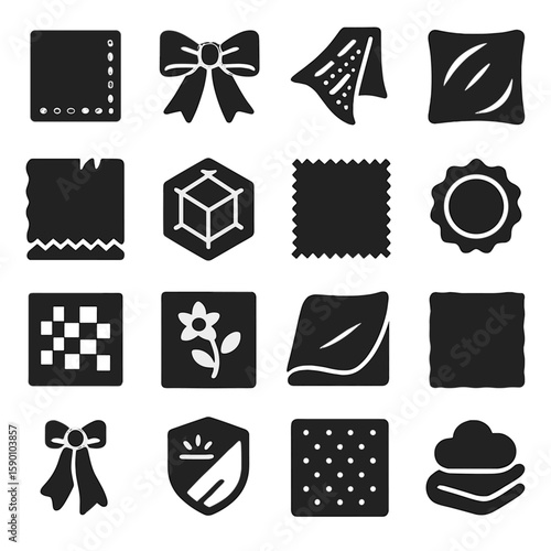 Fabric Icons Collection. Solid style icons of fabric: reinforced edge icon, decorative ribbon sample, stretch mesh fabric, glossy