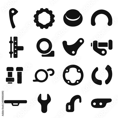 Bicycle Parts Icons. Solid style icons of bicycle parts: thru-axle lever, rotor centerlock ring, bearing dust cap, handlebar shim,