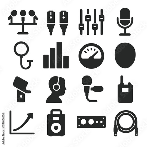 Live Sound Icons. Solid style icons of live sound: multi-mic setup chart, stereo XLR pair, fader group symbol, studio mic icon,