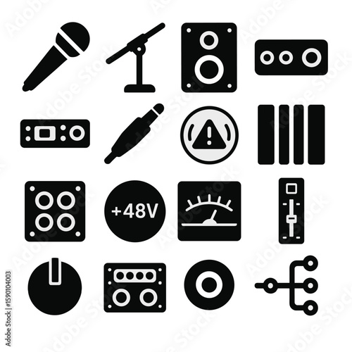 Live Sound Icons. Solid style icons of live sound: concert mic, boom arm stand, subwoofer icon, audio interface, rackmount
