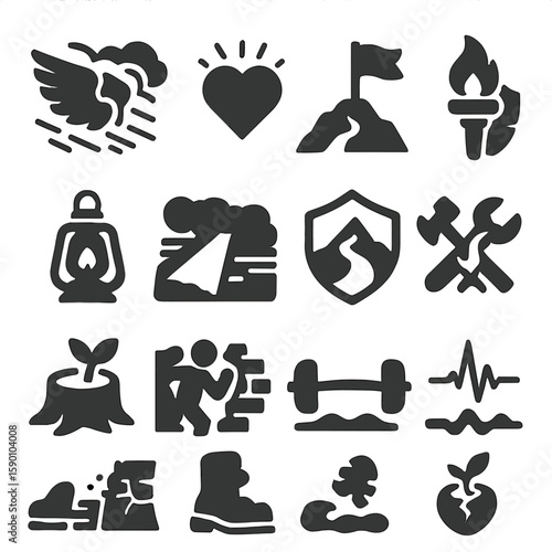 Perseverance Symbol Icons. Solid style icons of perseverance symbols: wings pushing against storm, heart glowing in shadow, flag
