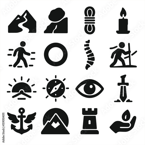 Symbols of Perseverance. Solid style icons of perseverance symbols: trail winding through mountain, rock balanced on edge,