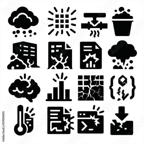 Data Explosion Icons. Solid style icons of data explosion: overpopulated cloud icon, burst input matrix, stream compression