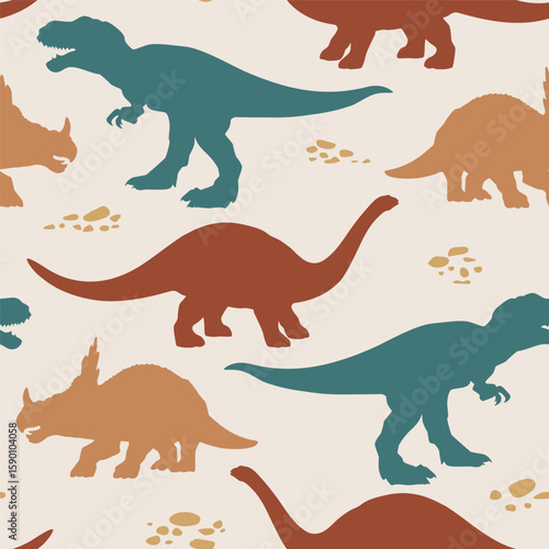 Dinosaur cartoon seamless pattern background. Dinosaurs print design. Cute dinos in simple flat beige boho style. Animals background Jurassic period. Vector illustration. Mesozoic era.