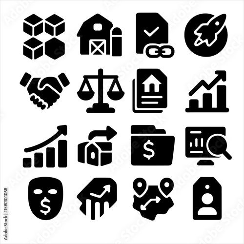 Economy Icons Collection. Solid style icons of economy: blockchain economy symbol, rural economy icon, smart contract document,