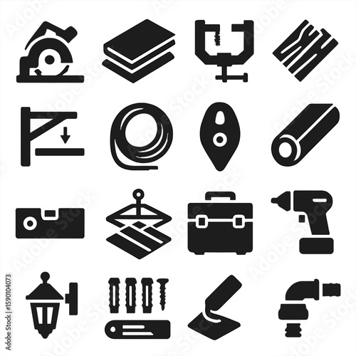 DIY Tool Icons. Solid style icons of home improvement and DIY: miter saw icon, foam board insulation, corner clamp, wooden floor