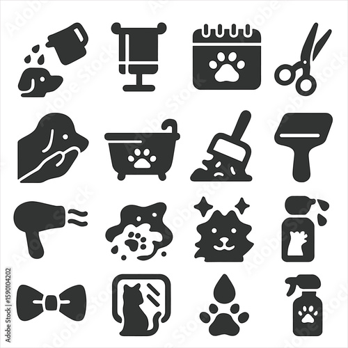 Pet Grooming Icons. Solid style icons of pet grooming silhouette: rinsing pet with pitcher, drying rack for towels, grooming
